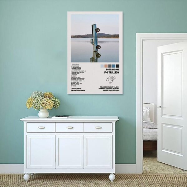 Post Malone F-1 Trillion album poster displayed in mint green bedroom with white vintage sideboard and minimalist decor