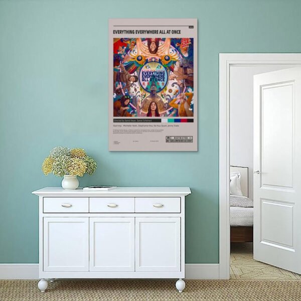 Everything Everywhere All at Once movie poster displayed on mint green wall above white vintage sideboard in minimalist Scandinavian-style interior.