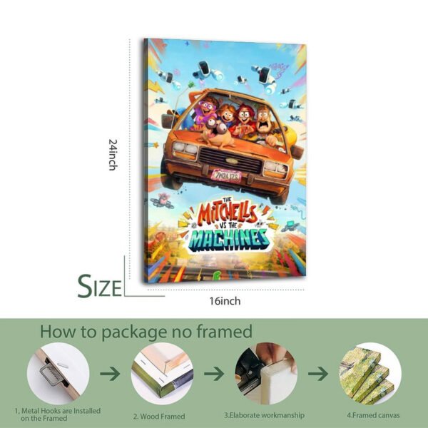 The Mitchells vs The Machines 16x24 inch canvas print with 4-step professional packaging process showing metal hooks installation, wood framing, elaborate workmanship, and final framed canvas.