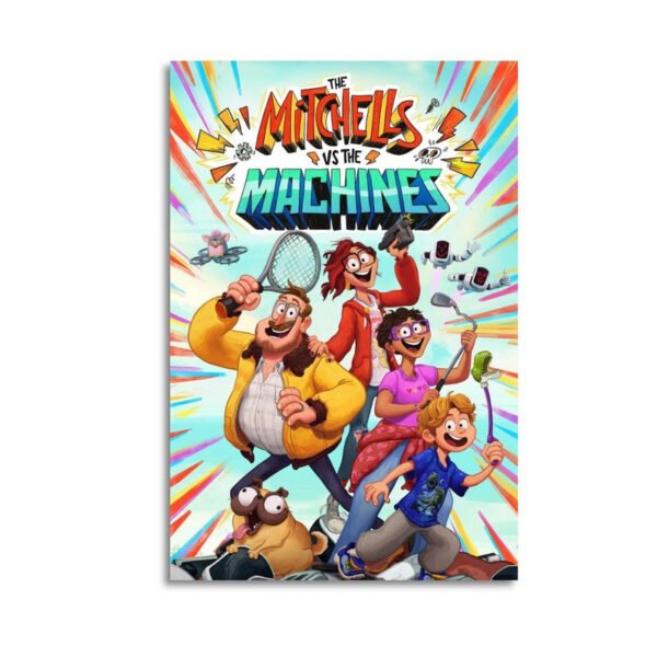 Colorful canvas print of The Mitchells vs The Machines movie poster with family characters