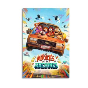 The Mitchells vs The Machines animated movie poster canvas print featuring the Mitchell family in their orange car surrounded by robots in a colorful action scene.