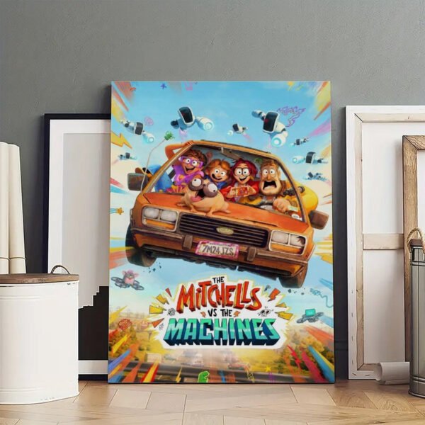 Premium The Mitchells vs The Machines canvas print displayed in professional studio setting showing high-quality movie poster wall art.