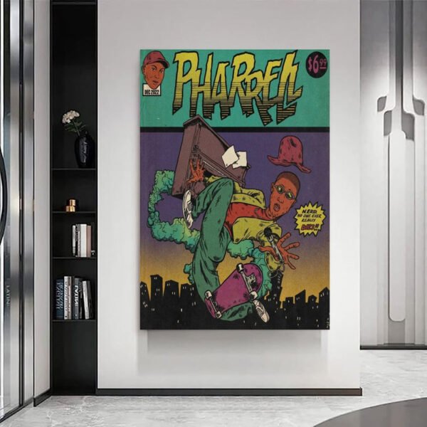Vintage hip hop comic book poster displayed as modern wall art in contemporary minimalist interior design setting