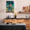 Modern Scandinavian kitchen featuring wood cabinets, black countertops, and vintage Beastie Boys poster wall art