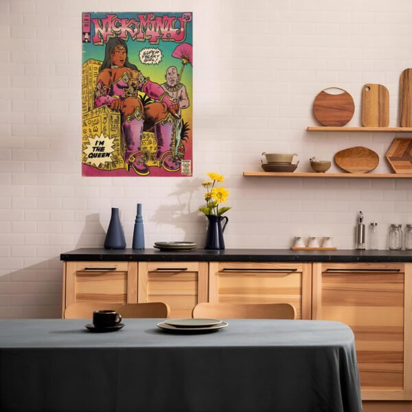Modern Scandinavian kitchen featuring hip-hop vintage poster wall art with wooden shelves, ceramic dishes, and contemporary design elements