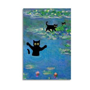 Monet-inspired canvas art featuring three black cats with yellow eyes in a water lily pond, one swimming and two on lily pads in impressionist style.