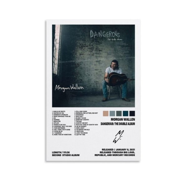 Morgan Wallen Dangerous Double Album unframed poster print with complete track listing and album artwork on white background.