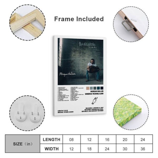 Framed Morgan Wallen Dangerous Double Album poster with wooden frame, featuring artist photo and complete track listing for wall decoration.