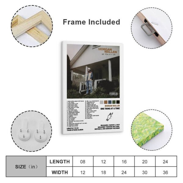 Morgan Wallen One Thing At A Time framed poster with frame details, hanging hardware, protective packaging, and size chart showing dimensions from 8x12 to 24x36 inches.
