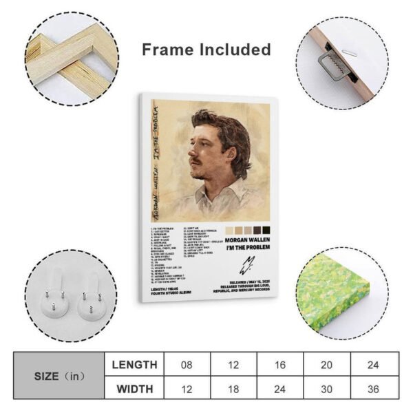 Morgan Wallen I'm The Problem framed poster with size chart showing dimensions from 8x12 to 24x36 inches, frame construction details and mounting hardware included.