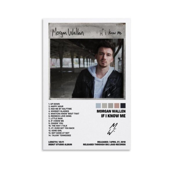 Morgan Wallen If I Know Me album poster in white frame showing complete 14-track listing from his debut studio album released April 27, 2018.