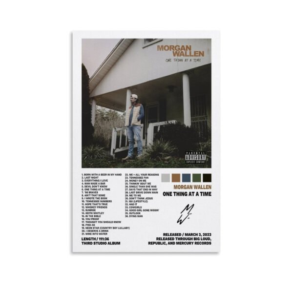 Morgan Wallen One Thing At A Time album poster featuring complete 36-song tracklist, album artwork, and release information from March 3, 2023.