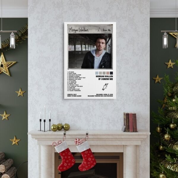 Morgan Wallen If I Know Me album poster displayed above Christmas fireplace mantel with festive holiday decorations, gold stars, and red stockings.