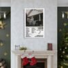 Morgan Wallen One Thing At A Time poster displayed above Christmas fireplace mantel in festive home decor setting.