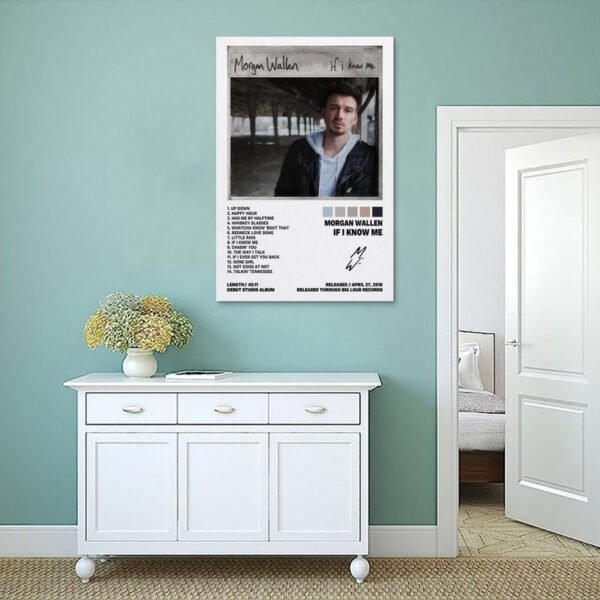Morgan Wallen If I Know Me album poster displayed on mint green wall above white console table in modern home interior design setting.
