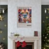 Everything Everywhere All at Once movie poster framed and displayed above Christmas-decorated fireplace mantel in modern living room with holiday decor.