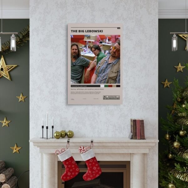 The Big Lebowski movie poster displayed as wall art above fireplace in Christmas decorated living room, showcasing film memorabilia home decor ideas.