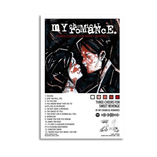 My Chemical Romance Three Cheers for Sweet Revenge album poster with complete track listing and gothic artwork featuring dramatic character illustrations