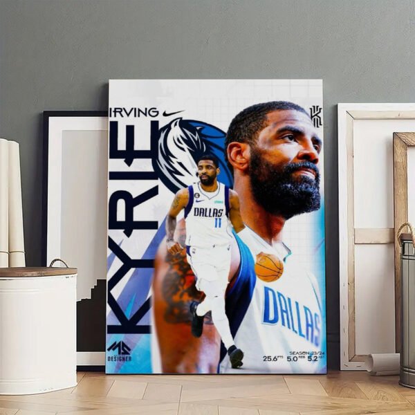 Kyrie Irving Dallas Mavericks canvas print with 2023/24 season statistics displayed with empty frames