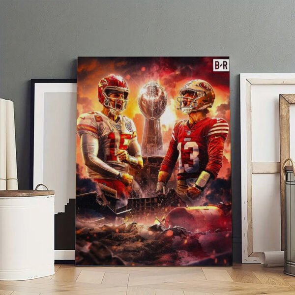 Professional NFL Super Bowl championship canvas artwork displayed in art production studio with multiple canvas frames showing printing quality and scale