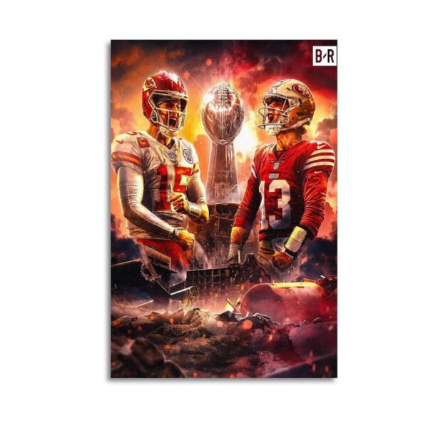 Epic NFL Super Bowl championship rivalry artwork featuring two legendary quarterbacks with Lombardi Trophy in dramatic apocalyptic setting perfect for sports fan wall decor