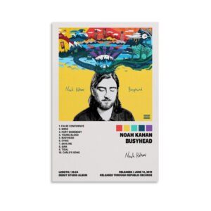 Noah Kahan Busyhead album poster featuring surreal artwork, complete track listing, and album details on white background