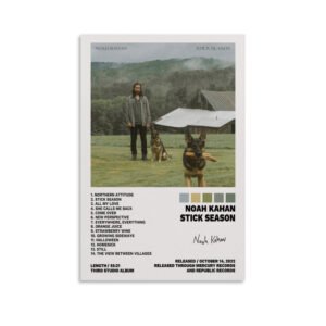 Noah Kahan Stick Season album poster featuring artist with dogs in Vermont countryside landscape with complete tracklist