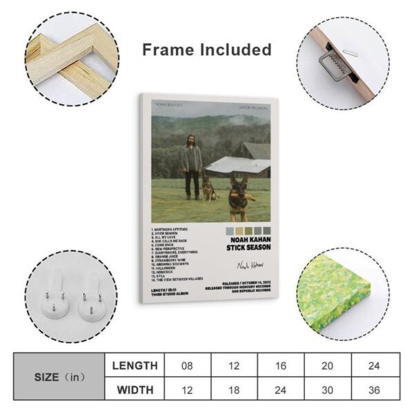 Noah Kahan Stick Season framed poster product showcase with size chart and frame construction details