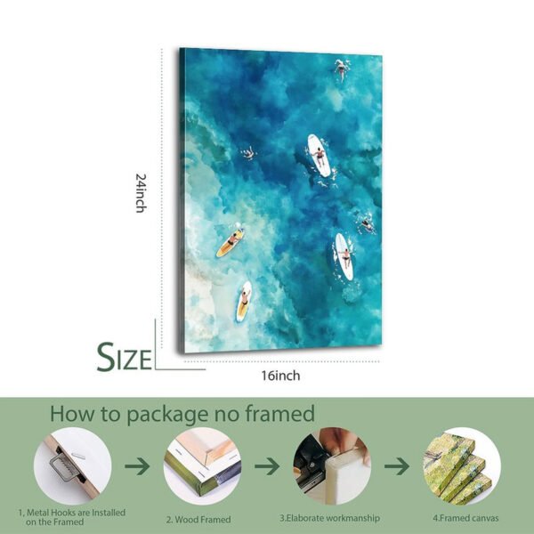 16x24 inch aerial ocean canvas print with boats and surfboards showing packaging process for no-frame delivery