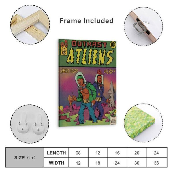 OutKast ATLiens framed poster with frame included, mounting hardware, and size chart showing multiple dimensions