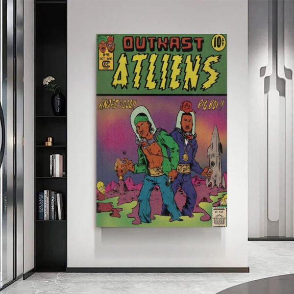 OutKast ATLiens vintage poster displayed in modern minimalist interior with built-in shelving and marble floors