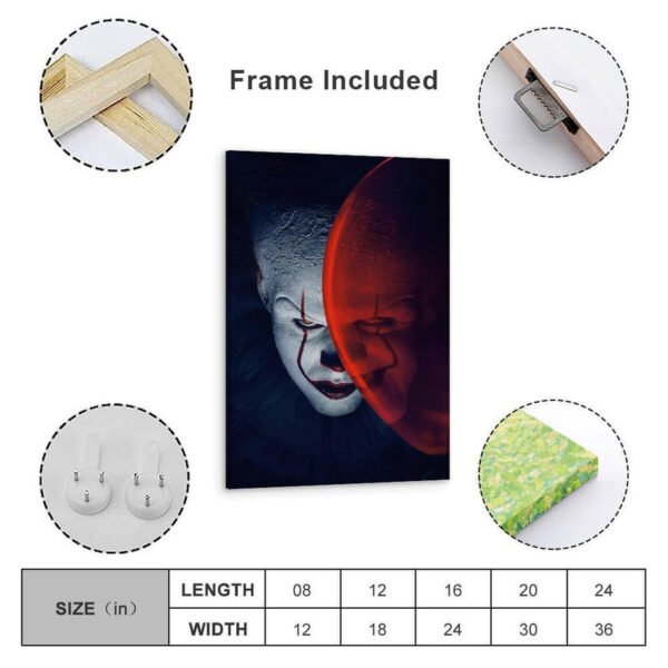 Pennywise canvas wall art with wooden frame included, showing size chart and hanging hardware for ready-to-hang installation