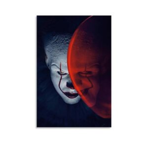 High-quality Pennywise canvas print featuring iconic split-face design with dramatic red and blue lighting from Stephen King's IT