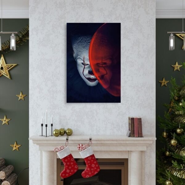 Pennywise canvas wall art displayed above fireplace in elegant Christmas decorated living room