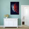Pennywise split-face canvas wall art displayed in minimalist bedroom with sage green walls and white furniture