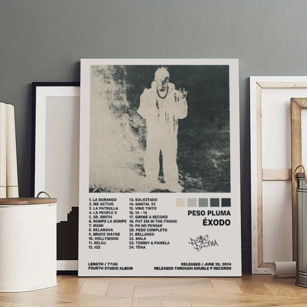 Peso Pluma ÉXODO album poster with 24-track listing displayed in modern interior for music wall decor