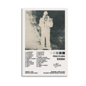 Peso Pluma ÉXODO album poster featuring vintage silhouette artwork with complete 24-track listing from fourth studio album