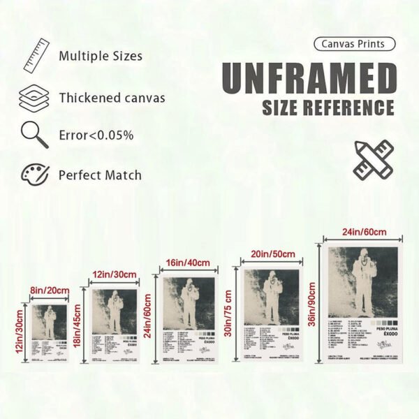 Peso Pluma ÉXODO canvas print size reference showing 5 different dimensions from 8x12 to 24x36 inches