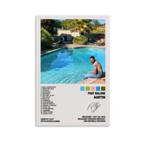 Post Malone Austin album poster featuring the artist sitting poolside with complete track listing and album release information from July 2023