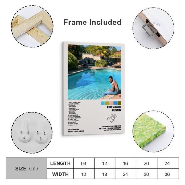 Post Malone Austin album framed poster with frame included, mounting hardware, and size chart showing dimensions from 8x12 to 24x36 inches