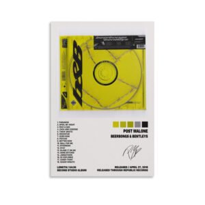 Post Malone Beerbongs & Bentleys album poster featuring yellow vinyl record design with track listing and barbed wire elements