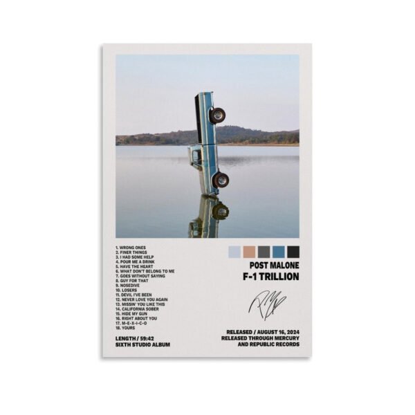 Post Malone F-1 Trillion album poster featuring vintage truck in lake with complete tracklist and artist signature