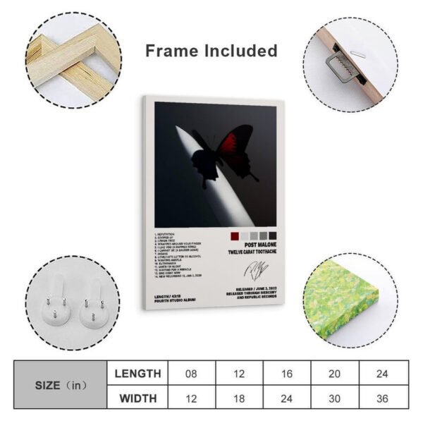 Post Malone Twelve Carat Toothache framed poster with size chart showing dimensions from 8x12 to 24x36 inches, frame included.