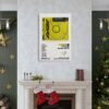Post Malone Beerbongs & Bentleys album poster displayed in elegant Christmas-decorated living room with fireplace and holiday decor.