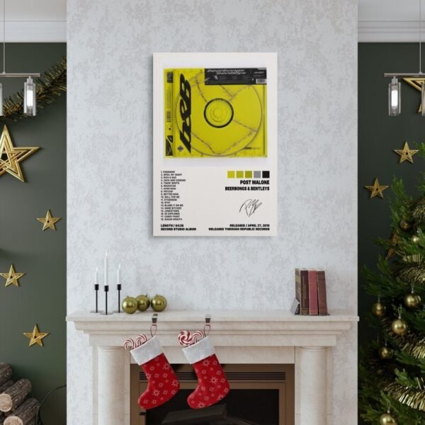Post Malone Beerbongs & Bentleys album poster displayed in elegant Christmas-decorated living room with fireplace and holiday decor.