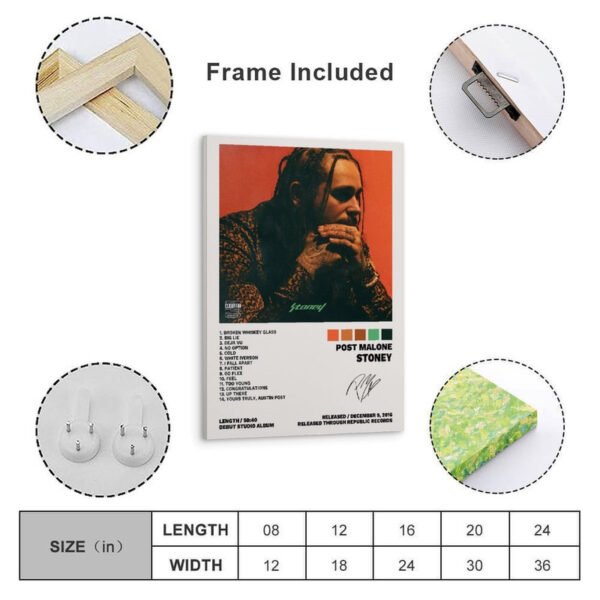 Post Malone Stoney album poster with wooden frame included, showing mounting hardware and size chart for ready-to-hang wall art