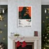 Post Malone Stoney album poster displayed in elegant living room with Christmas decorations, marble fireplace, and luxury home decor styling
