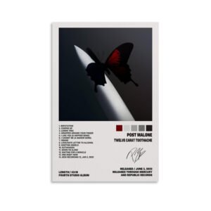Post Malone Twelve Carat Toothache album poster with butterfly artwork and complete track listing, fourth studio album released June 2022.