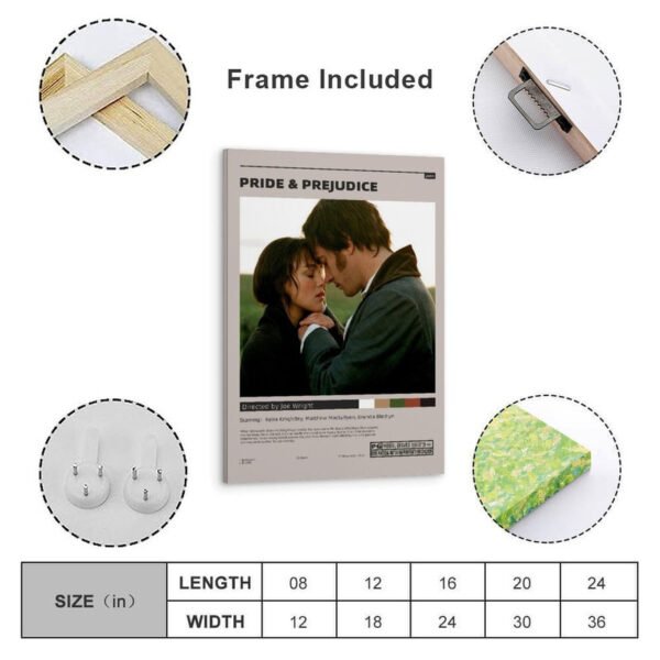 Pride and Prejudice framed movie poster with wooden frame, hanging hardware, and size options from 8x12 to 24x36 inches, ready to hang wall art.