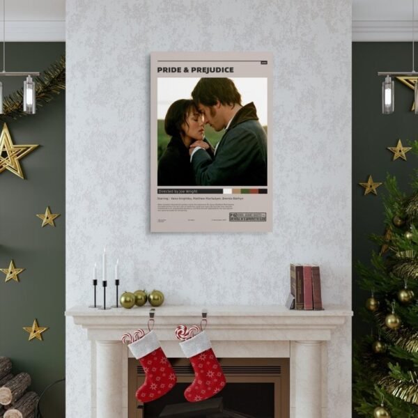 Pride and Prejudice movie poster displayed as elegant wall art above fireplace mantel in Christmas-decorated living room with holiday ornaments and festive decor.